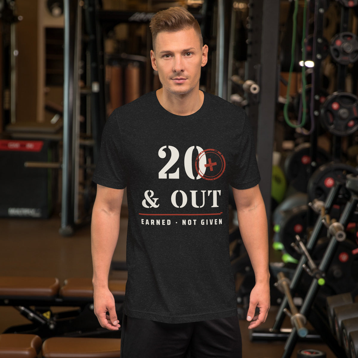 20 Plus & Out T-Shirt in Black Heather, front, Twenty & Out