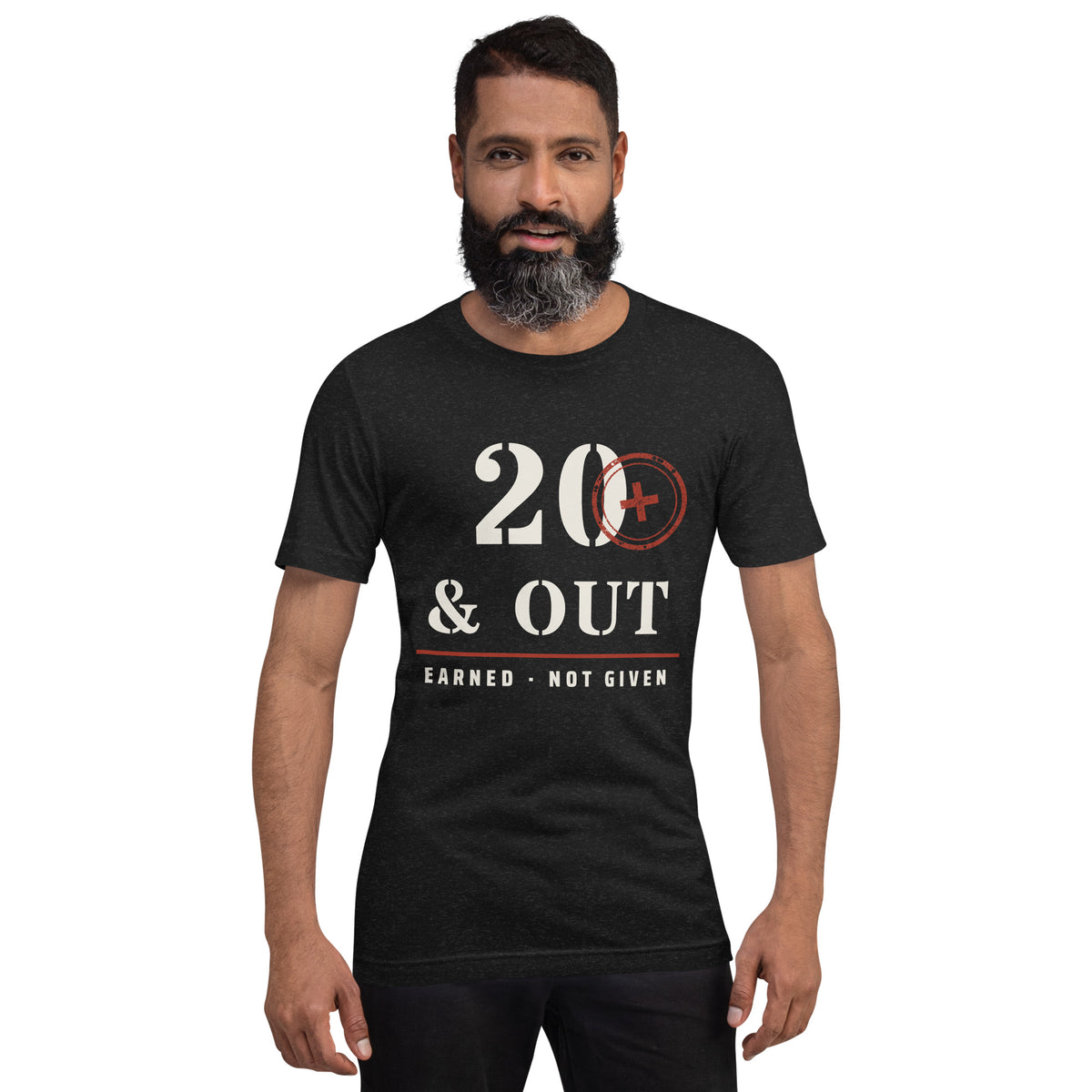 20 Plus & Out T-Shirt in Black Heather, front, Twenty & Out