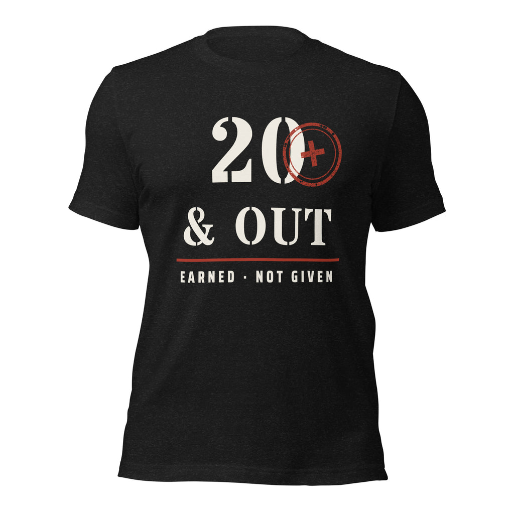 20 Plus & Out T-Shirt in Black Heather, front, Twenty & Out