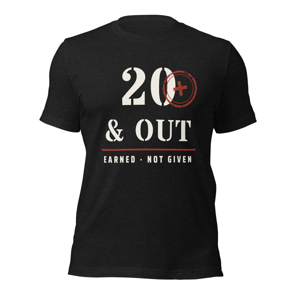 20 Plus & Out T-Shirt in Black Heather, front, Twenty & Out