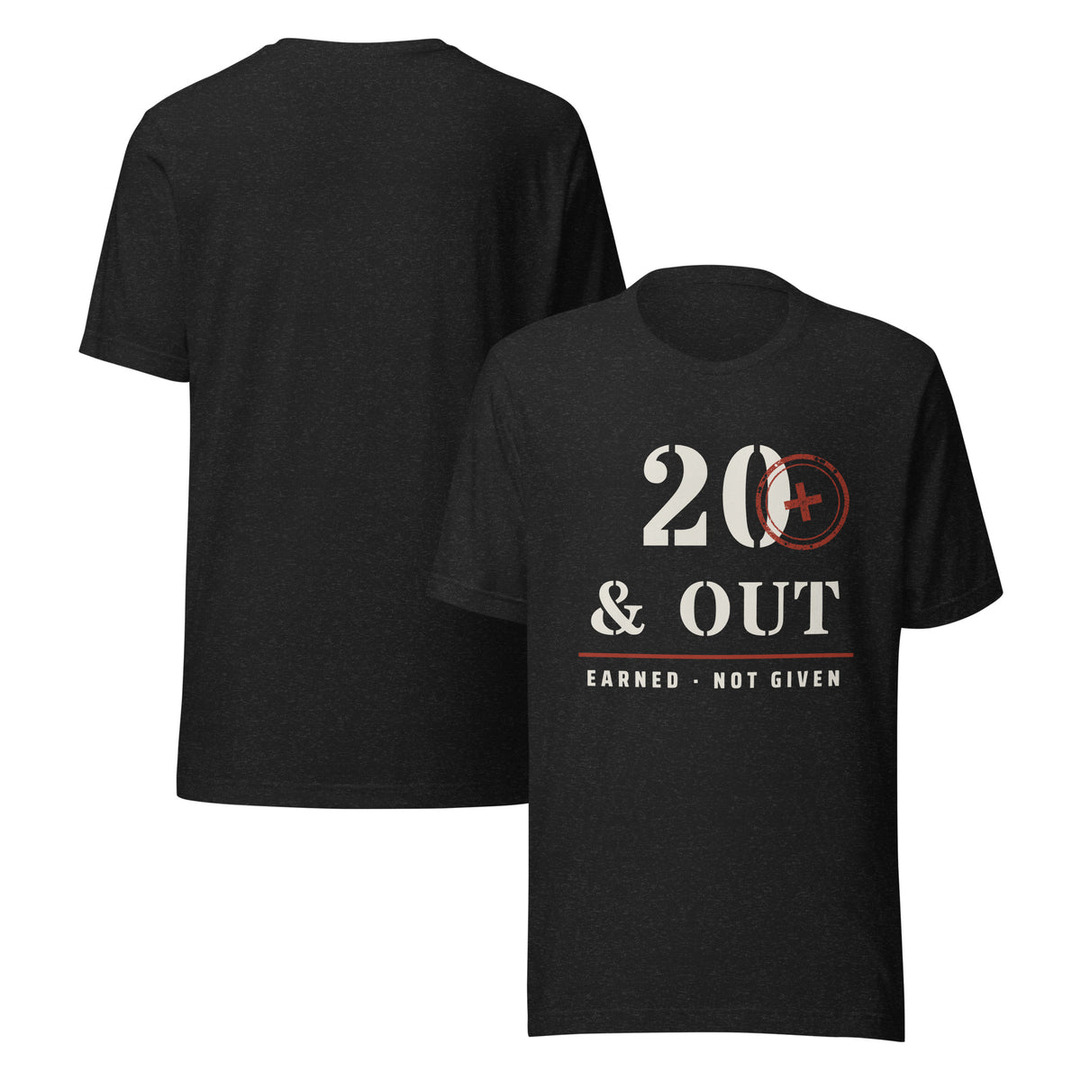 20 Plus & Out T-Shirt in Black Heather Front And, back, Twenty & Out