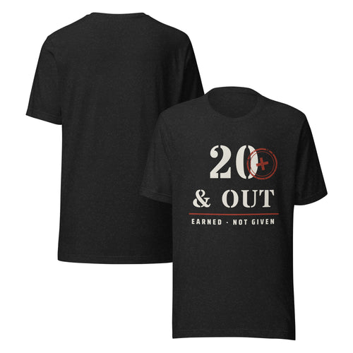 20 Plus & Out T-Shirt in Black Heather Front And, back, Twenty & Out