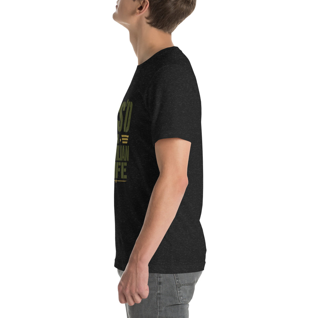 PCS'd to Civilian Life T-Shirt in Black Heather, left, Twenty & Out