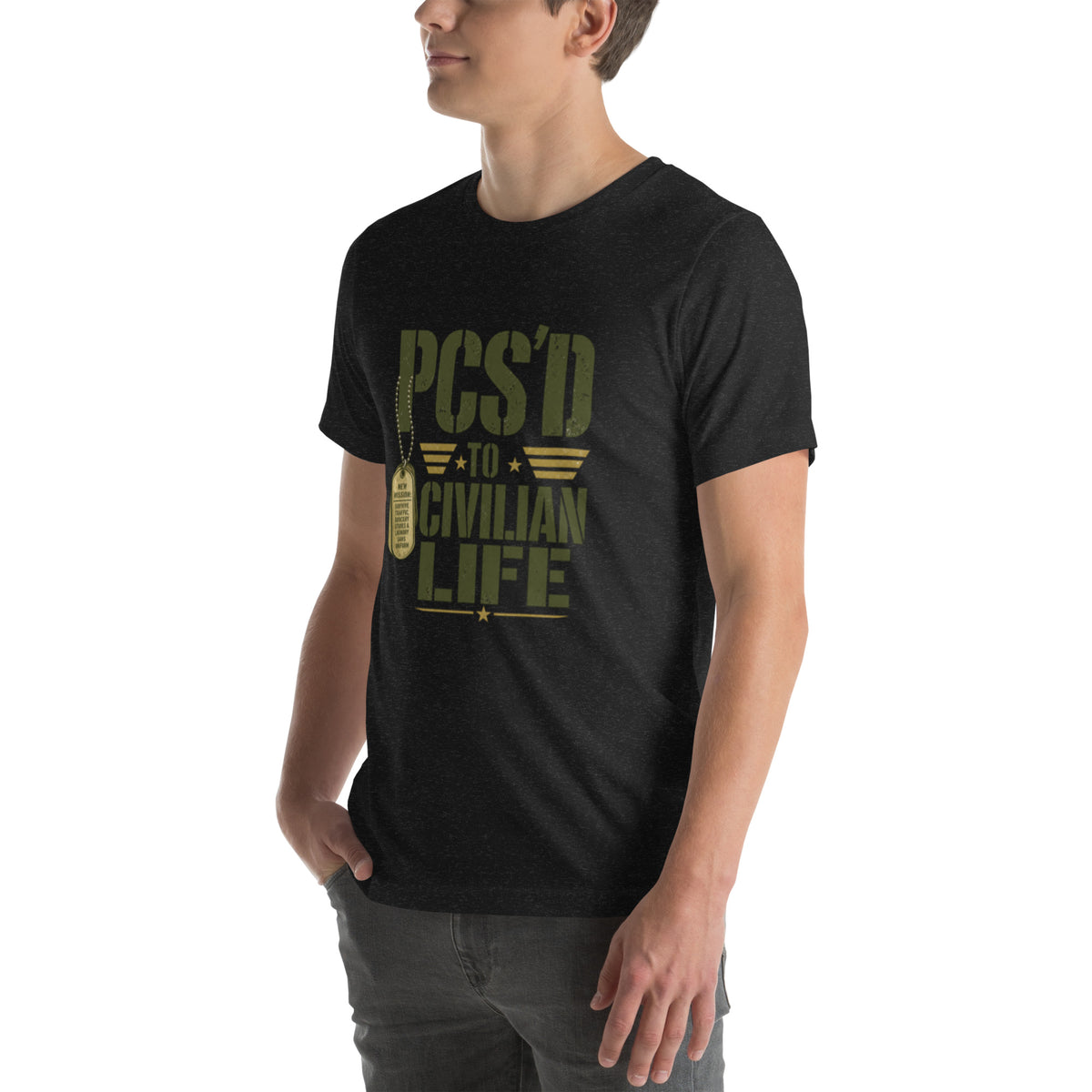 PCS'd to Civilian Life T-Shirt in Black Heather, left front, Twenty & Out