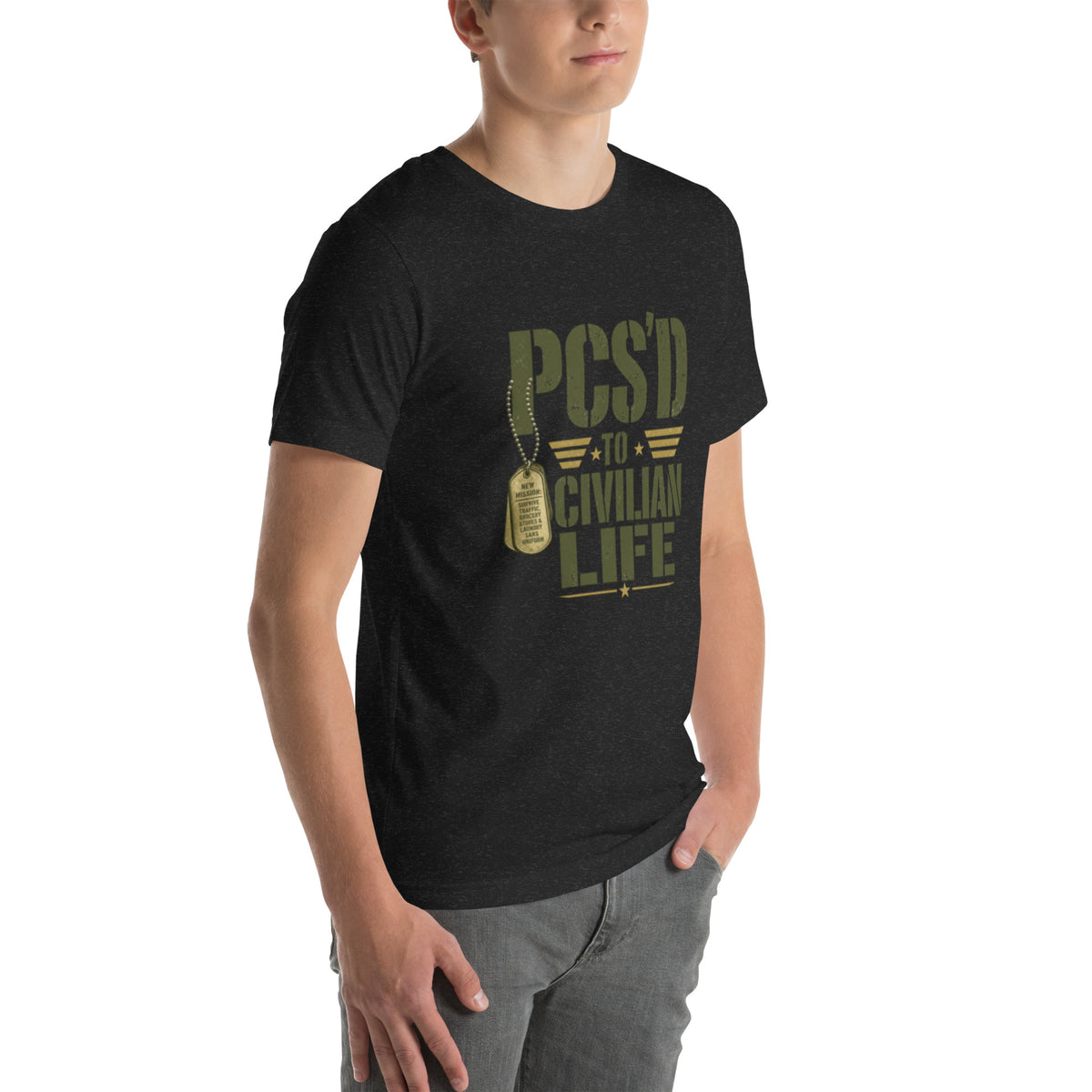 PCS'd to Civilian Life T-Shirt in Black Heather, right front, Twenty & Out