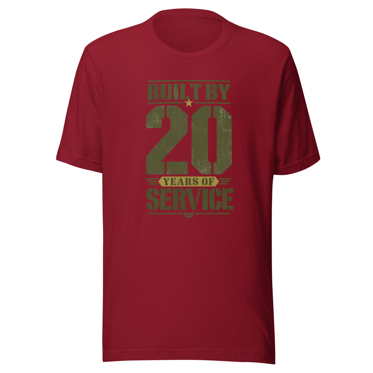 Built By 20 Years of Service T-Shirt in Cardinal, front, Twenty & Out