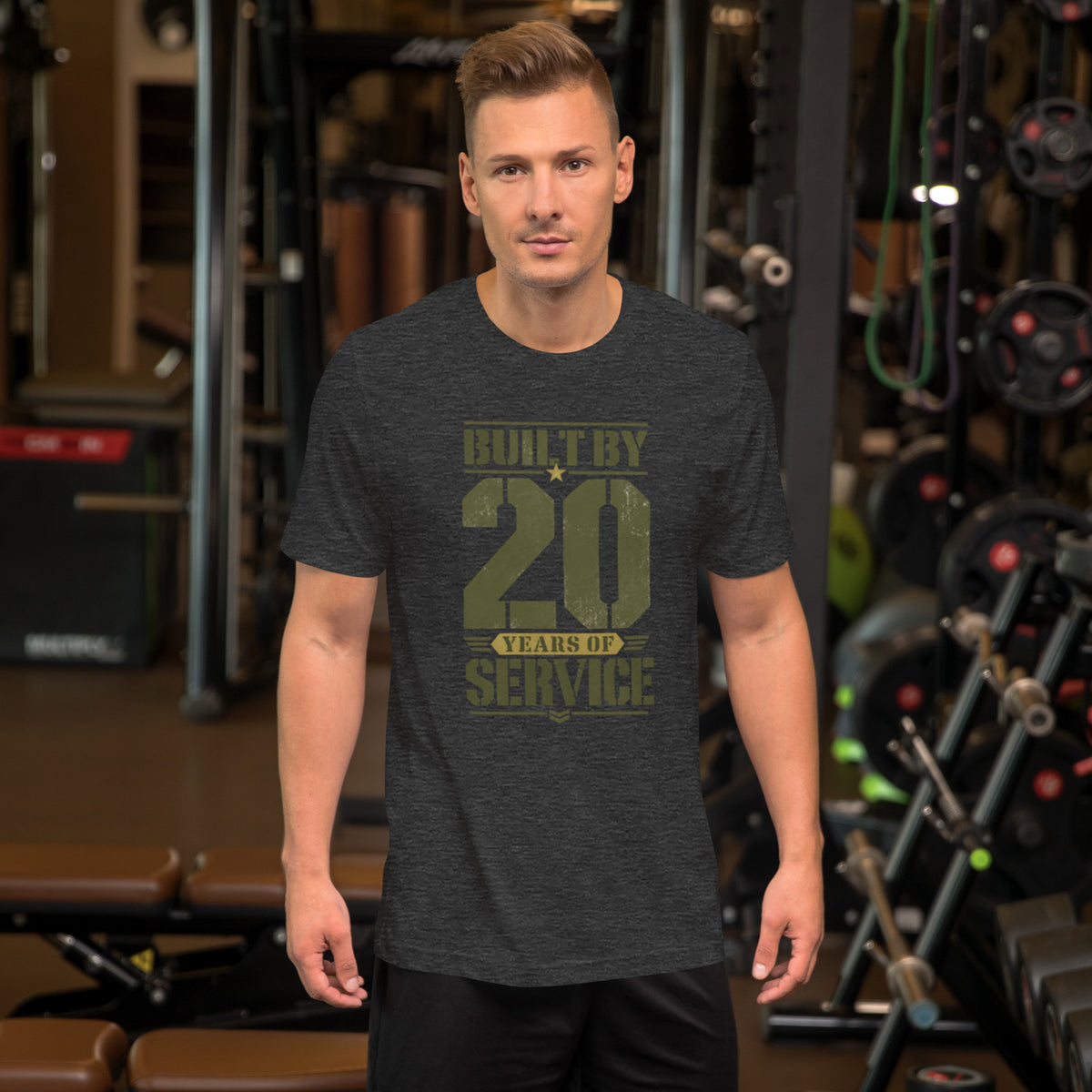 Built By 20 Years of Service T-Shirt in Dark Grey Heather, front, Twenty & Out