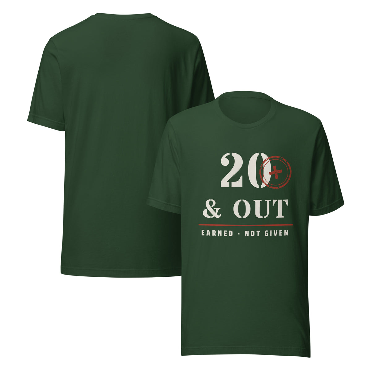 20 Plus & Out T-Shirt in Forest Front And, back, Twenty & Out