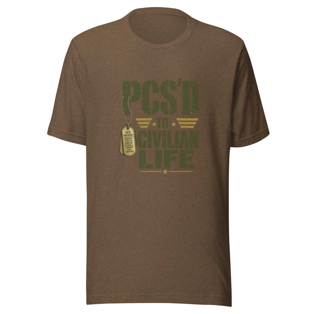 PCS'd to Civilian Life T-Shirt in Heather Brown, front, Twenty & Out