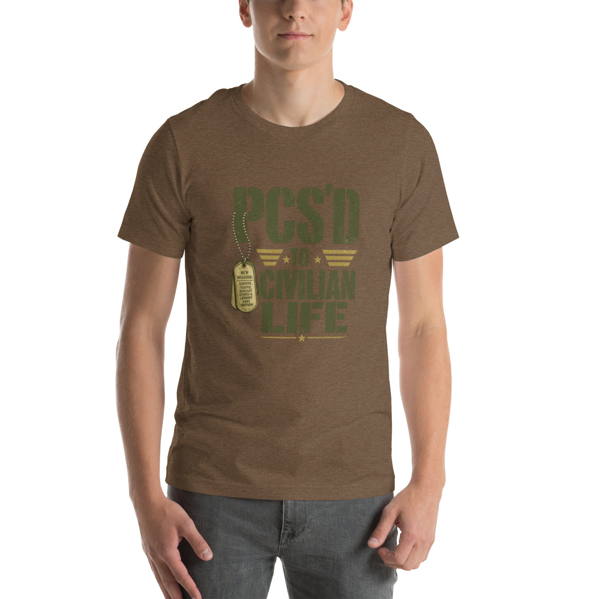 PCS'd to Civilian Life T-Shirt in Heather Brown, front, Twenty & Out
