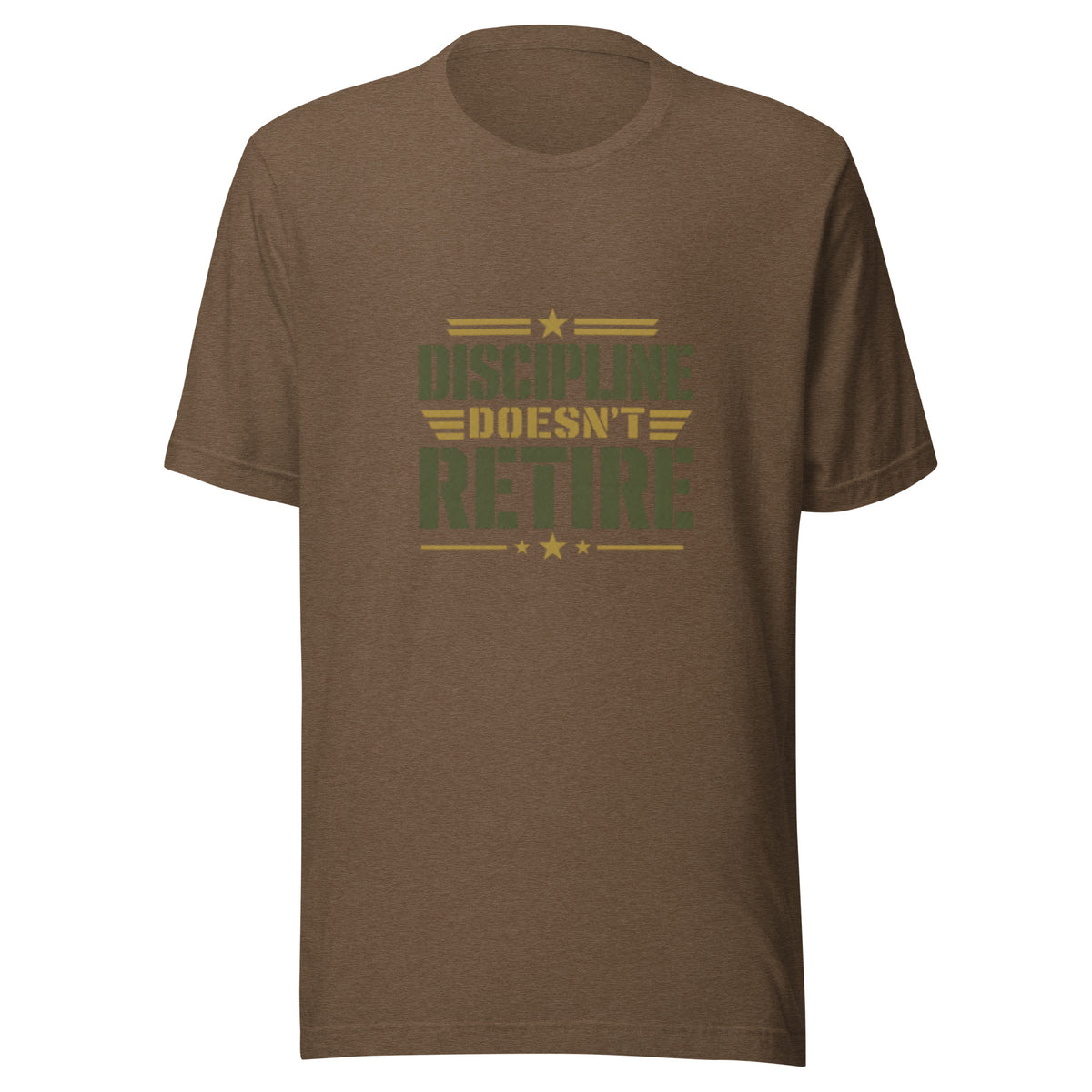 Discipline Doesn't Retire T-Shirt in Heather Brown, front, Twenty & Out