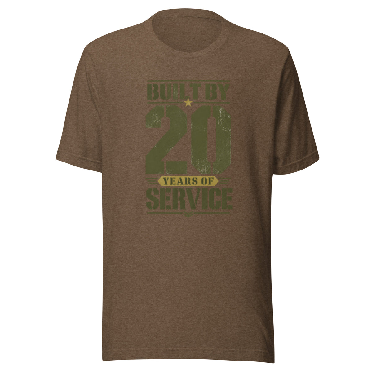 Built By 20 Years of Service T-Shirt in Heather Brown, front, Twenty & Out