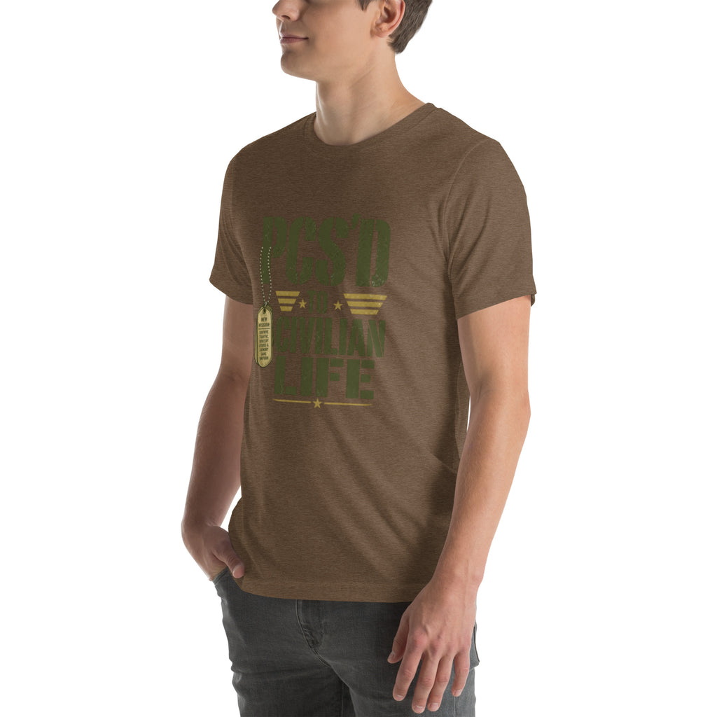 PCS'd to Civilian Life T-Shirt in Heather Brown, left front, Twenty & Out