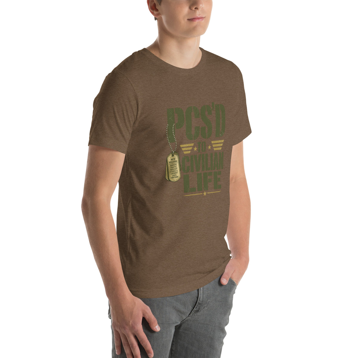 PCS'd to Civilian Life T-Shirt in Heather Brown, right front, Twenty & Out