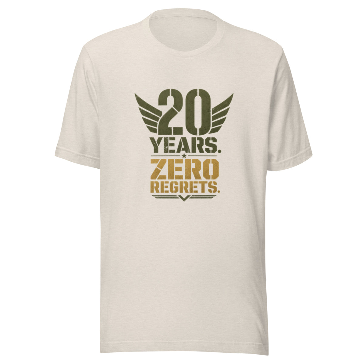 20 Years Zero Regrets T-Shirt in Heather Dust, front, Twenty & Out