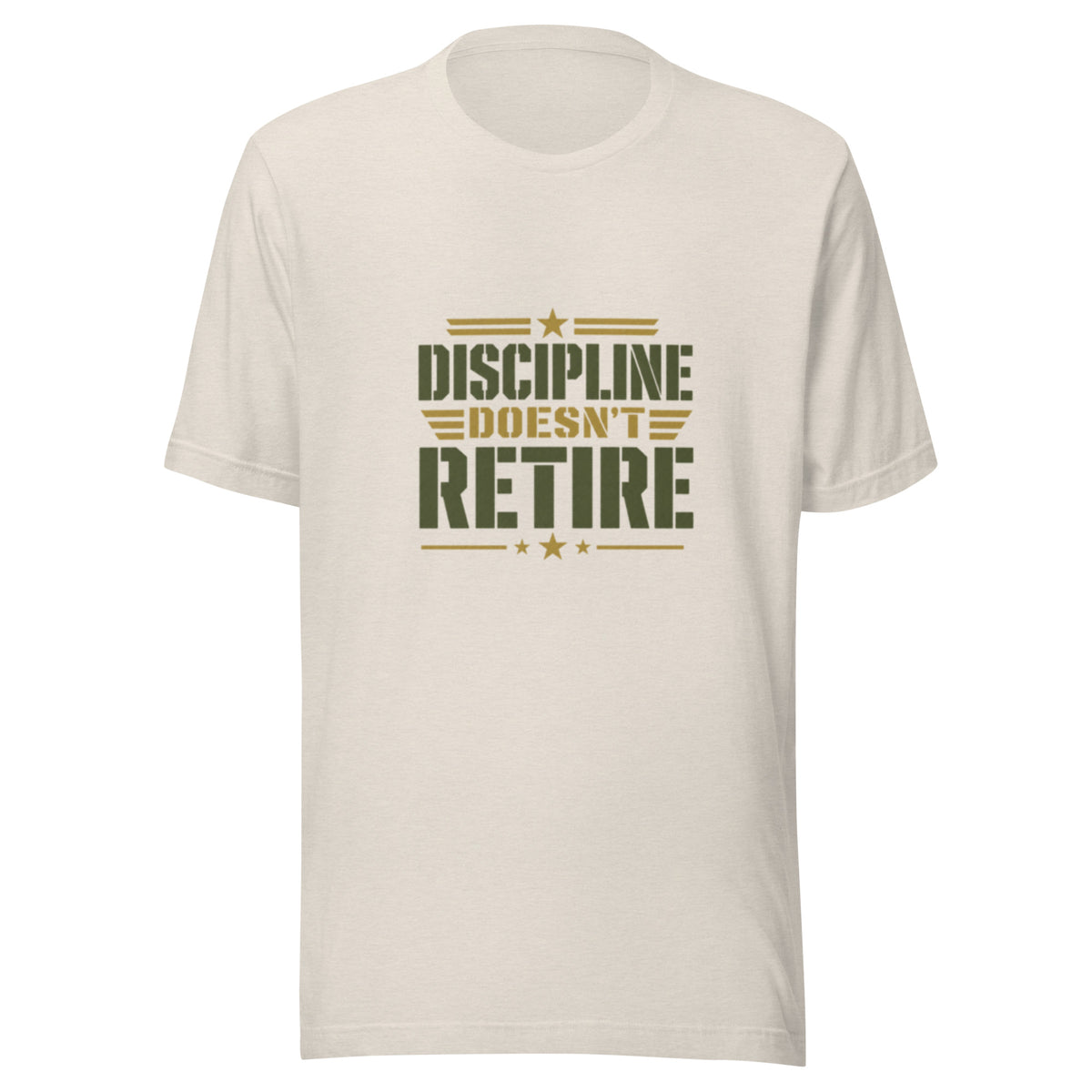Discipline Doesn't Retire T-Shirt in Heather Dust, front, Twenty & Out