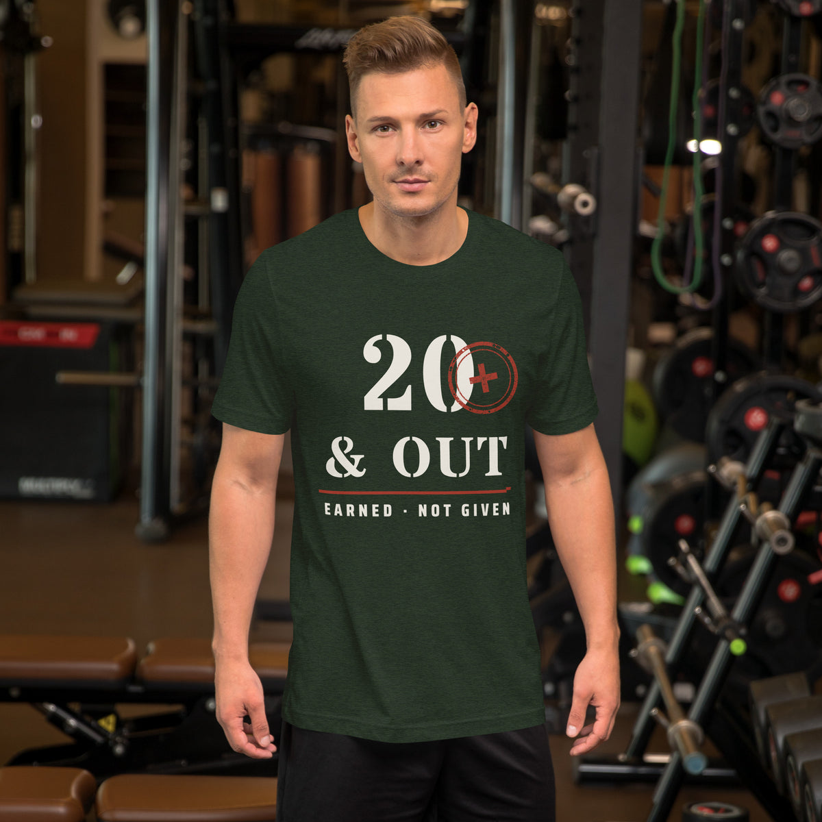 20 Plus & Out T-Shirt in Heather Emerald, front, Twenty & Out