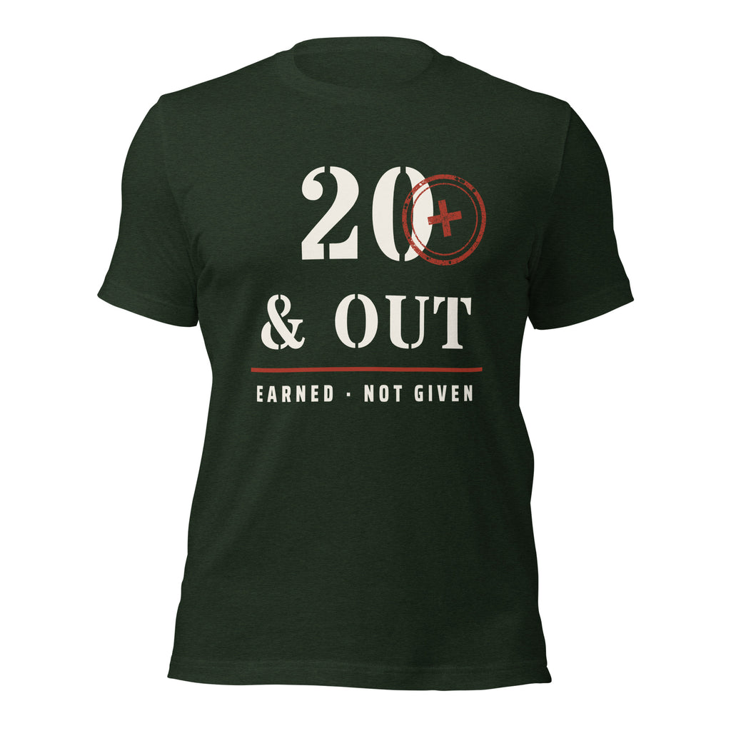 20 Plus & Out T-Shirt in Heather Emerald, front, Twenty & Out