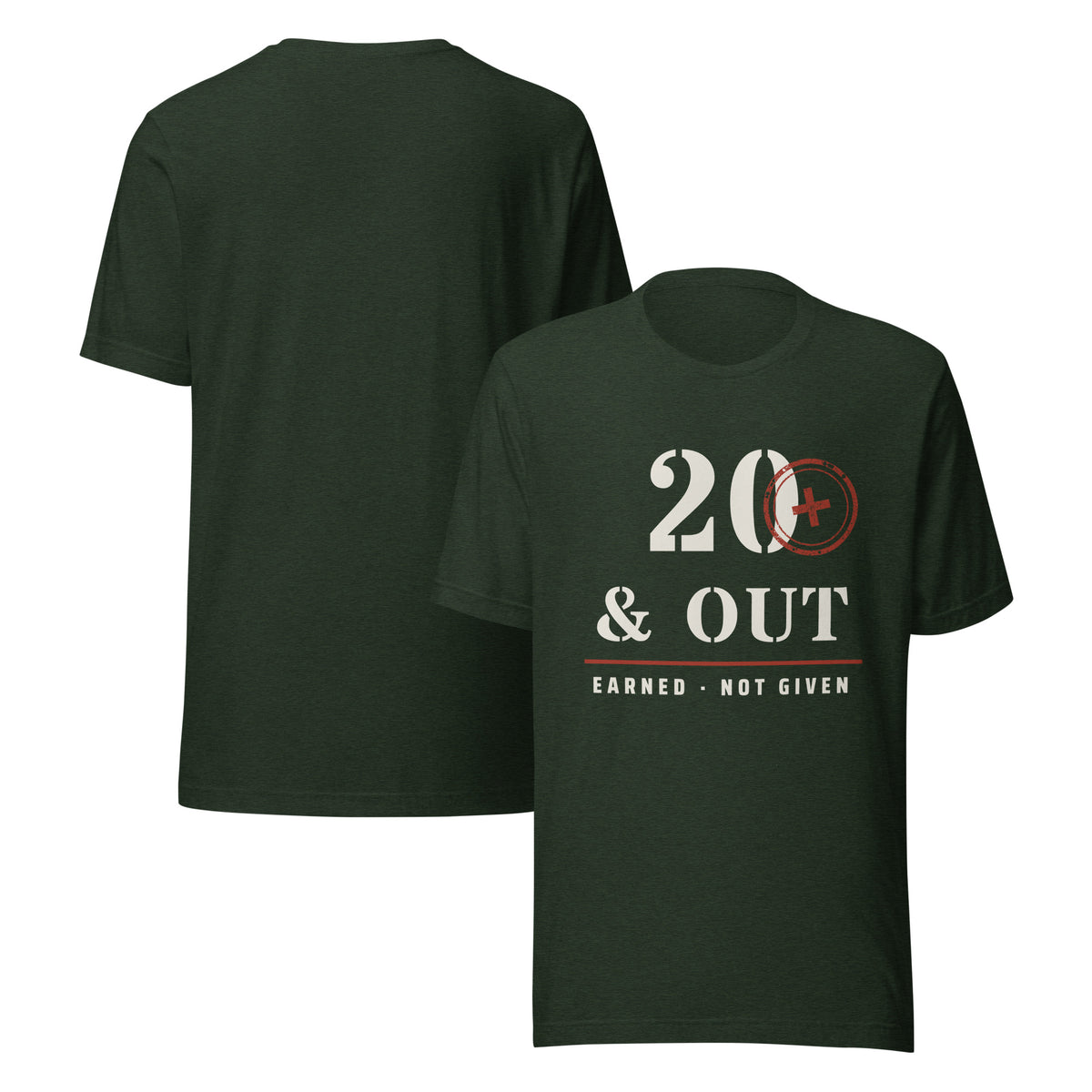 20 Plus & Out T-Shirt in Heather Emerald Front And, back, Twenty & Out