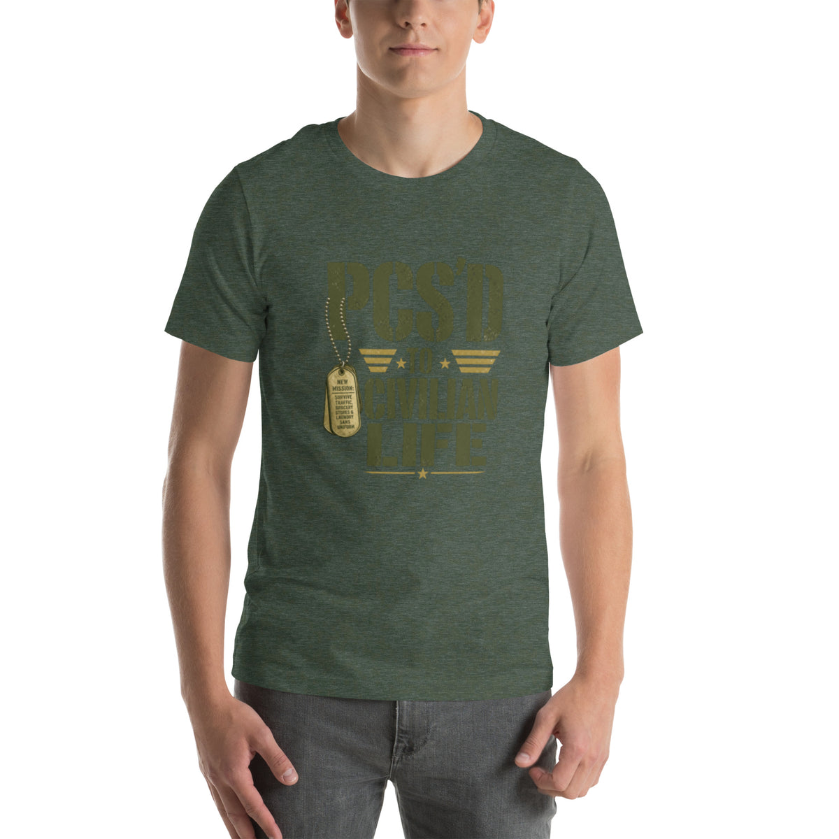 PCS'd to Civilian Life T-Shirt in Heather Forest, front, Twenty & Out