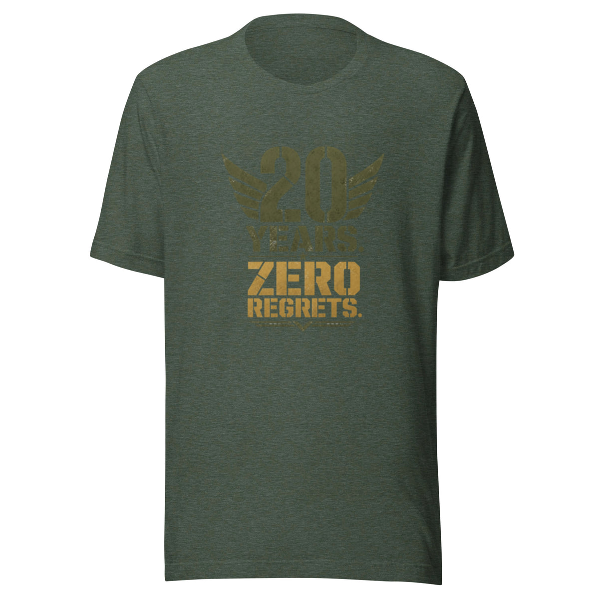 20 Years Zero Regrets T-Shirt in Heather Forest, front, Twenty & Out