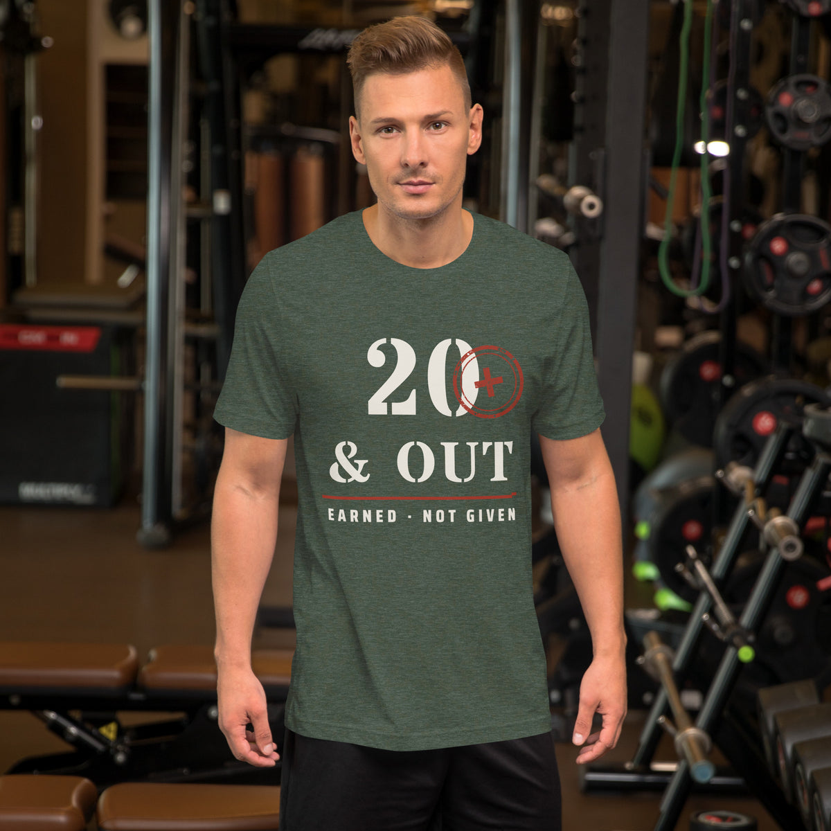 20 Plus & Out T-Shirt in Heather Forest, front, Twenty & Out