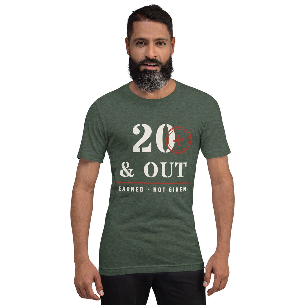 20 Plus & Out T-Shirt in Heather Forest, front, Twenty & Out
