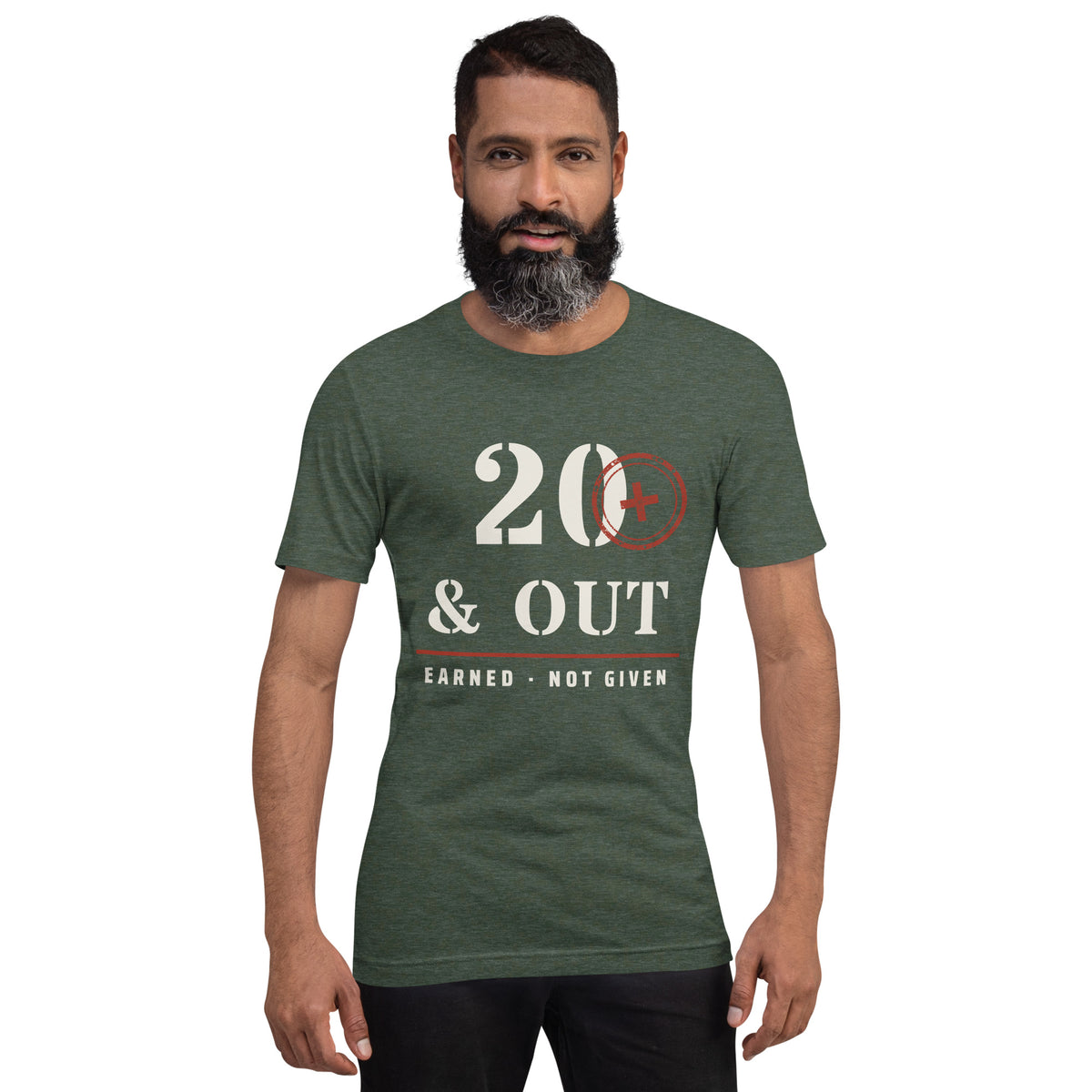 20 Plus & Out T-Shirt in Heather Forest, front, Twenty & Out