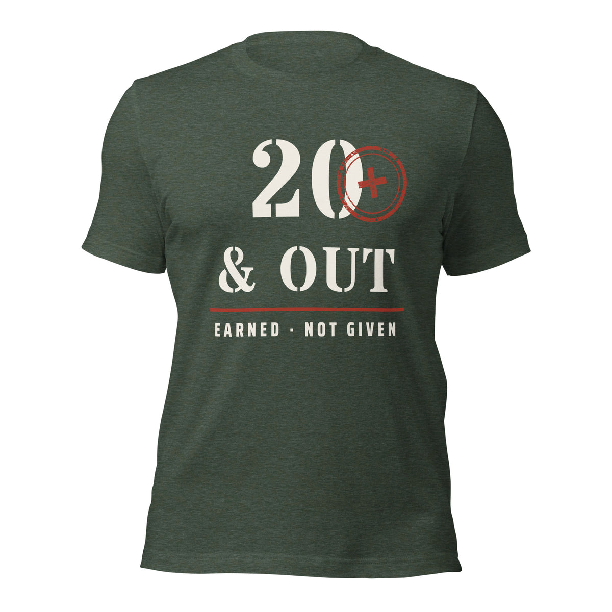 20 Plus & Out T-Shirt in Heather Forest, front, Twenty & Out