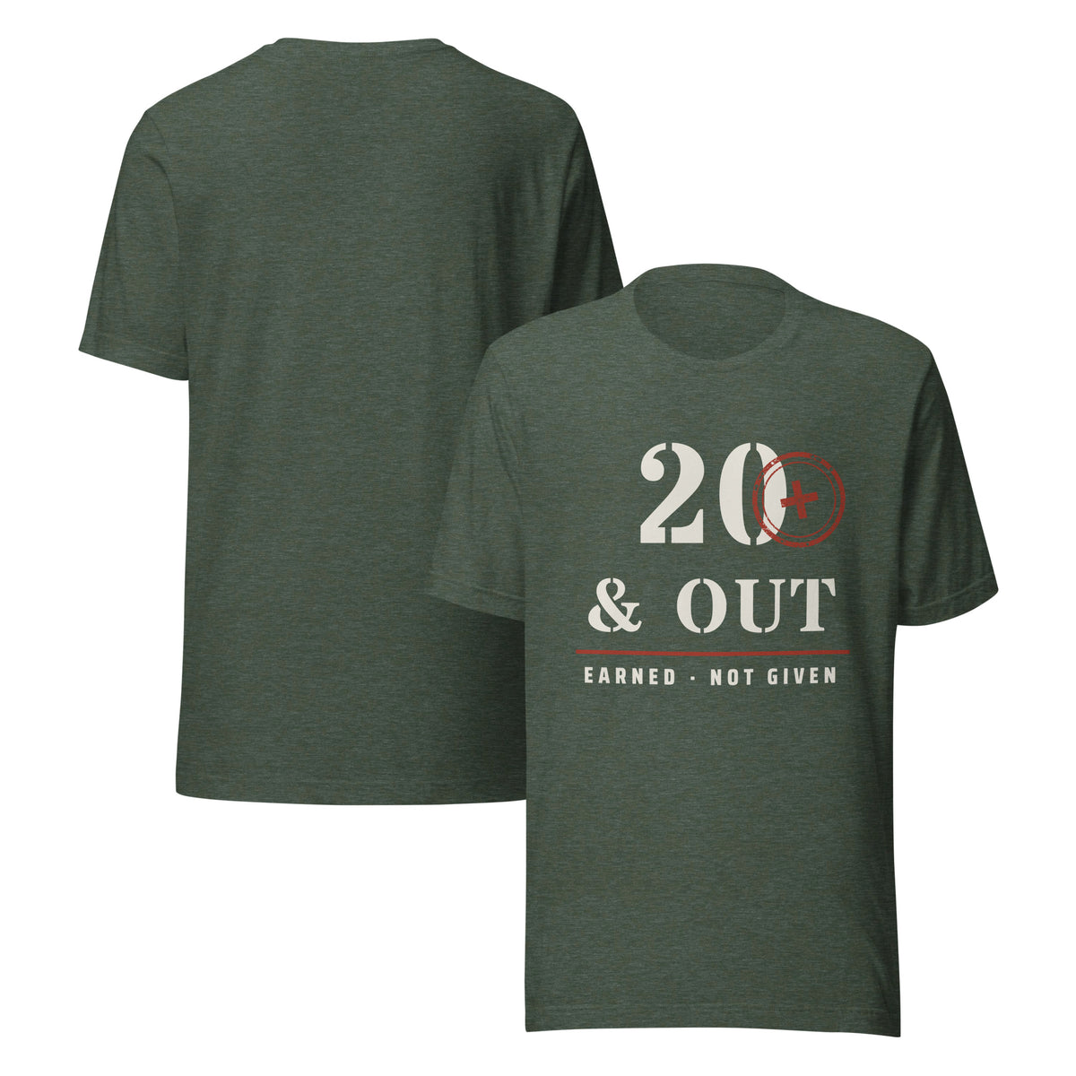 20 Plus & Out T-Shirt in Heather Forest Front And, back, Twenty & Out