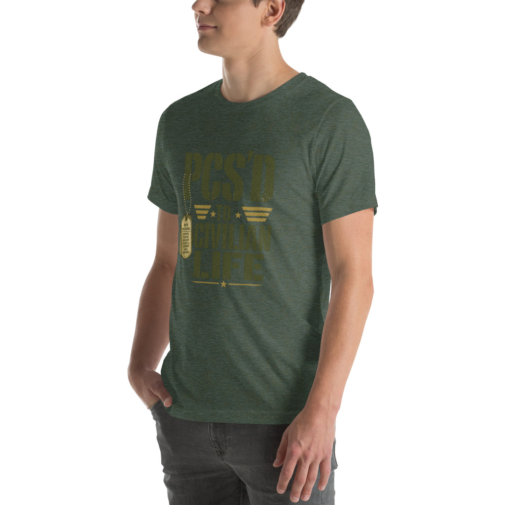 PCS'd to Civilian Life T-Shirt in Heather Forest, left front, Twenty & Out