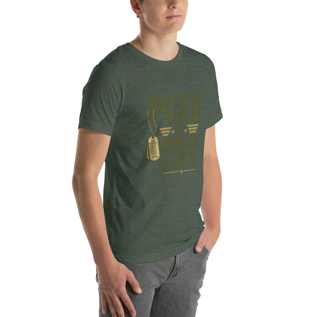 PCS'd to Civilian Life T-Shirt in Heather Forest, right front, Twenty & Out