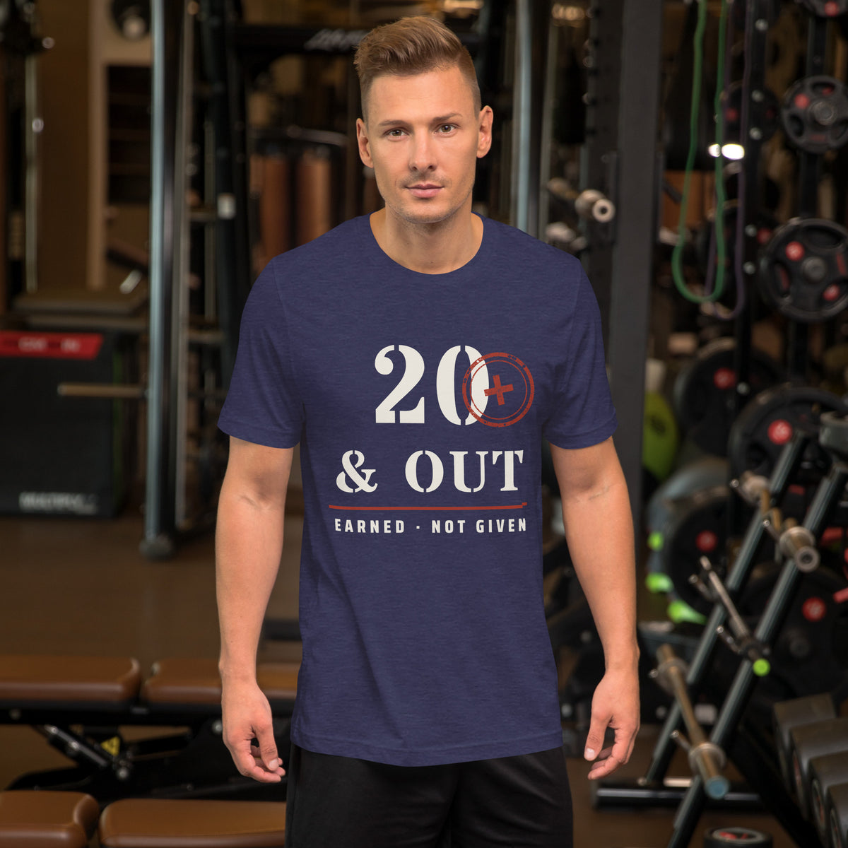 20 Plus & Out T-Shirt in Heather Midnight Navy, front, Twenty & Out