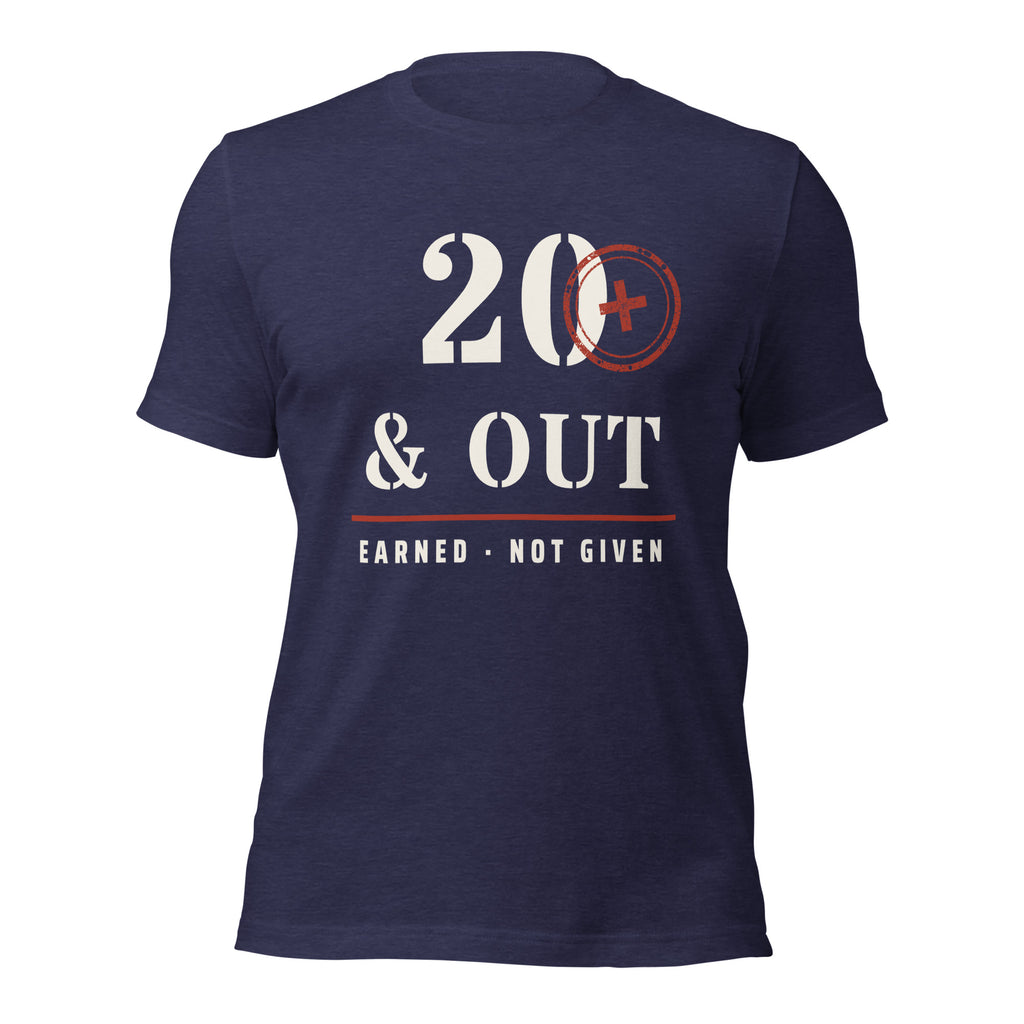 20 Plus & Out T-Shirt in Heather Midnight Navy, front, Twenty & Out