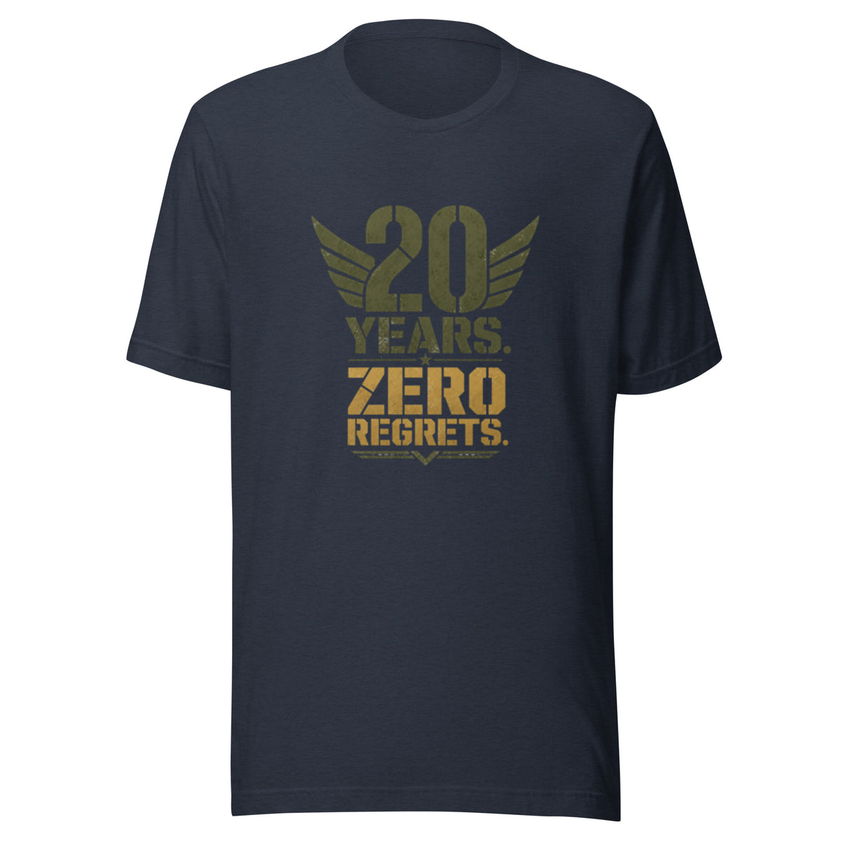 20 Years Zero Regrets T-Shirt in Heather Navy, front, Twenty & Out