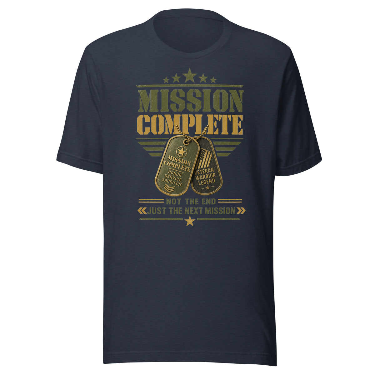 Mission Complete T-Shirt in Heather Navy, front, Twenty & Out