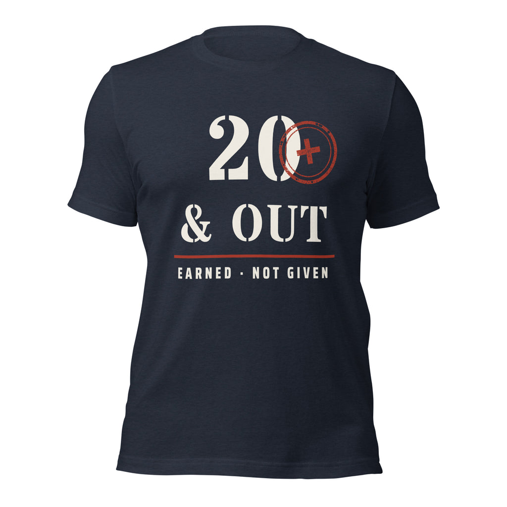 20 Plus & Out T-Shirt in Heather Navy, front, Twenty & Out