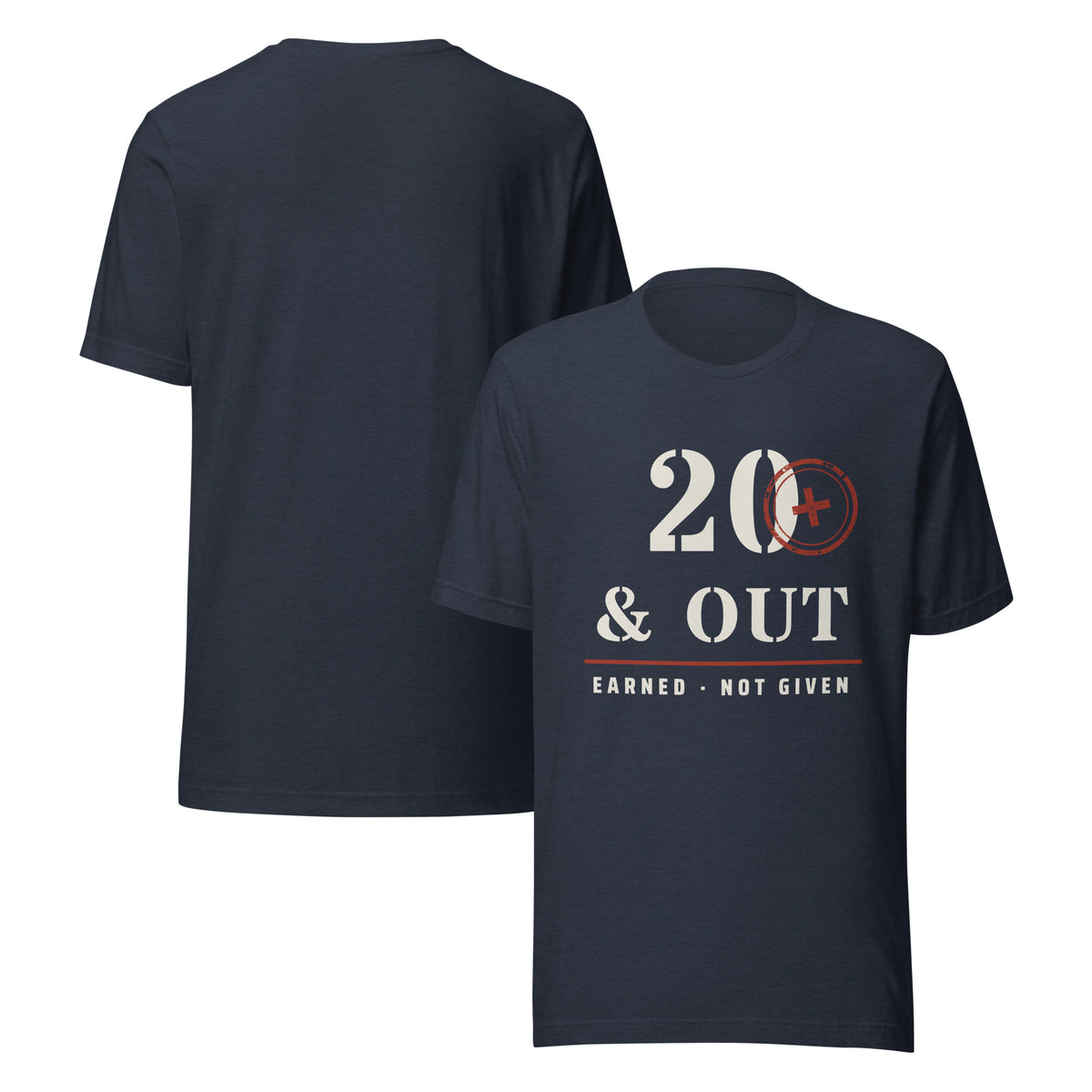 20 Plus & Out T-Shirt in Heather Navy Front And, back, Twenty & Out