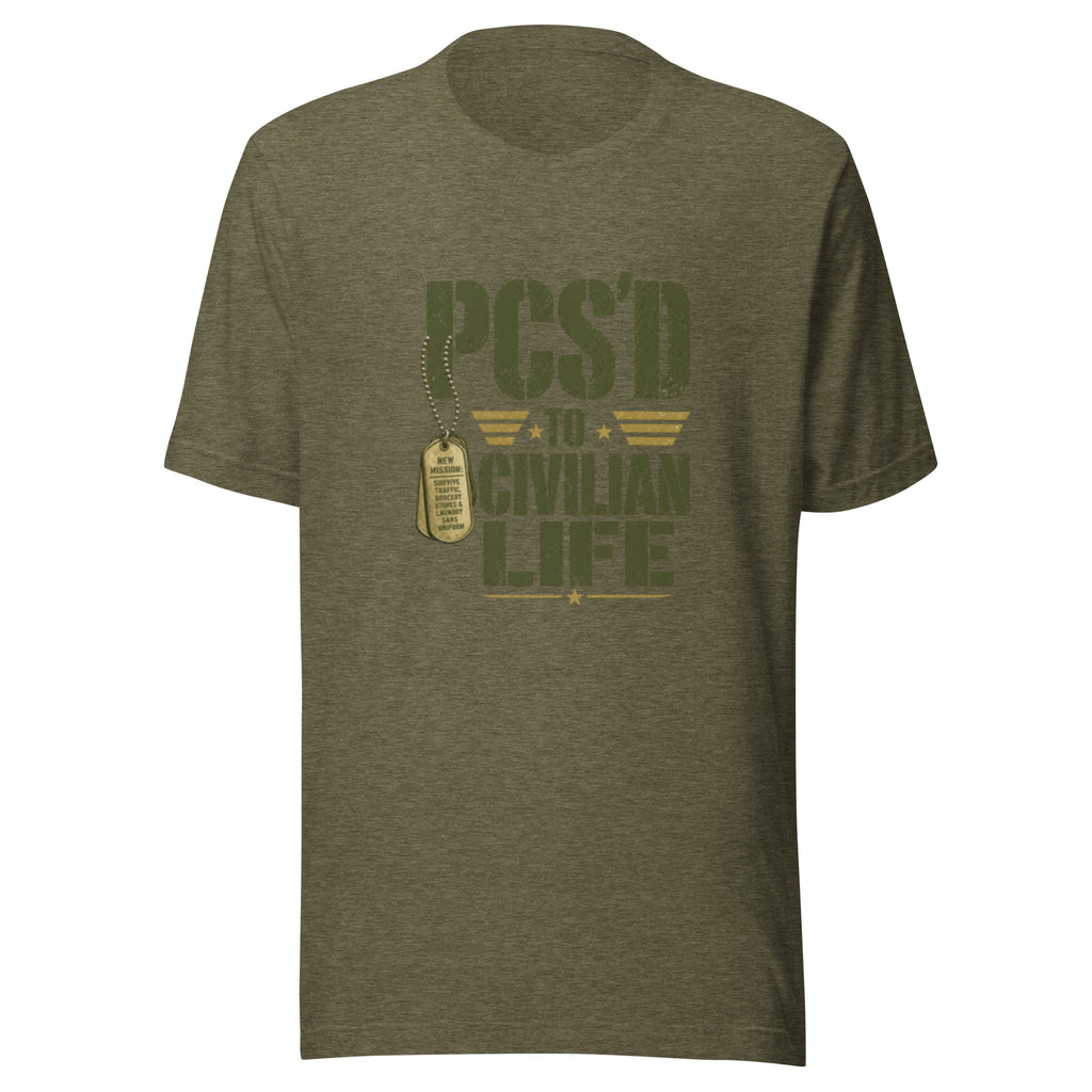 PCS'd to Civilian Life T-Shirt in Heather Olive, front, Twenty & Out