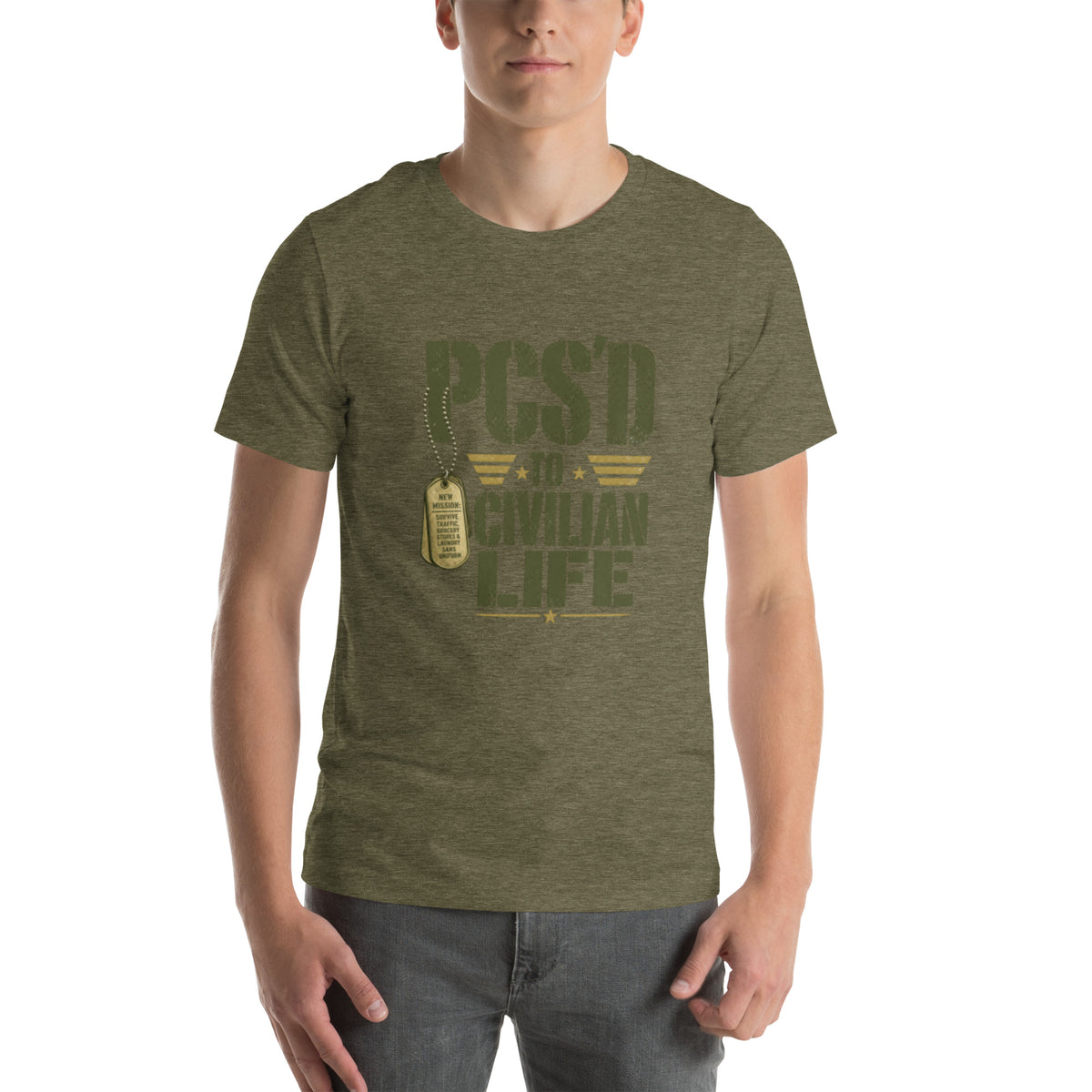PCS'd to Civilian Life T-Shirt in Heather Olive, front, Twenty & Out