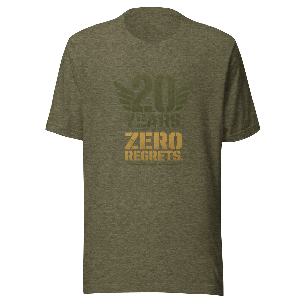20 Years Zero Regrets T-Shirt in Heather Olive, front, Twenty & Out