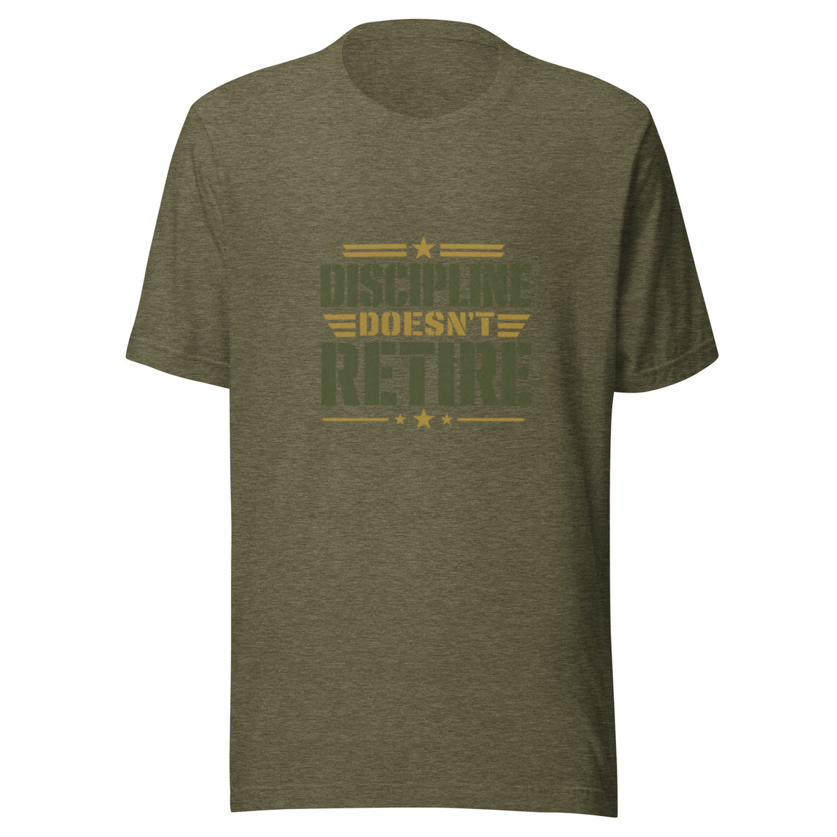 Discipline Doesn't Retire T-Shirt in Heather Olive, front, Twenty & Out