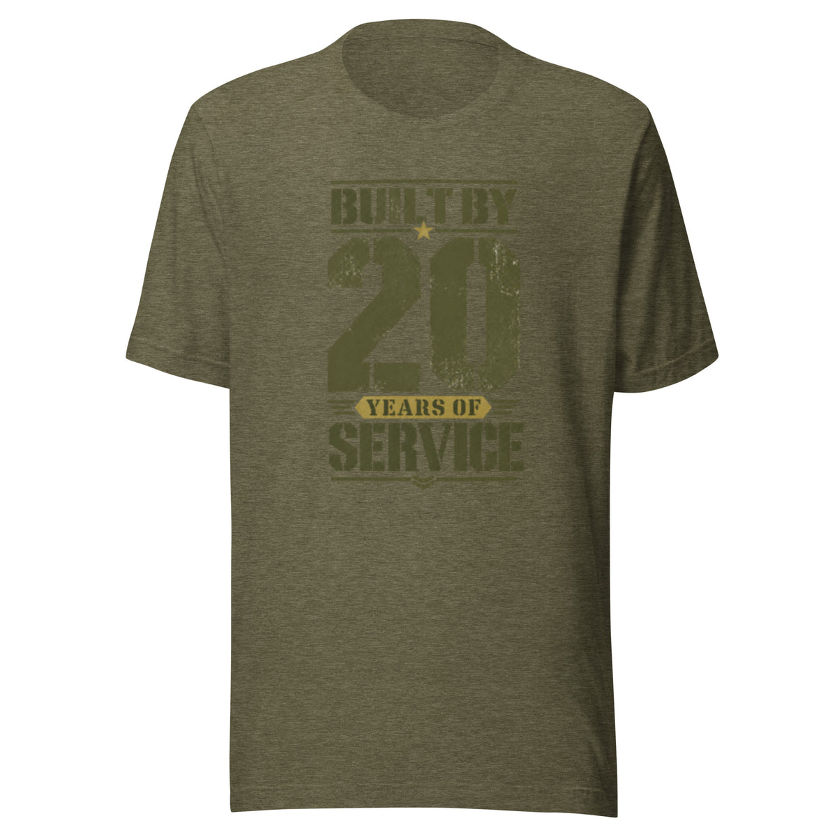Built By 20 Years of Service T-Shirt in Heather Olive, front, Twenty & Out
