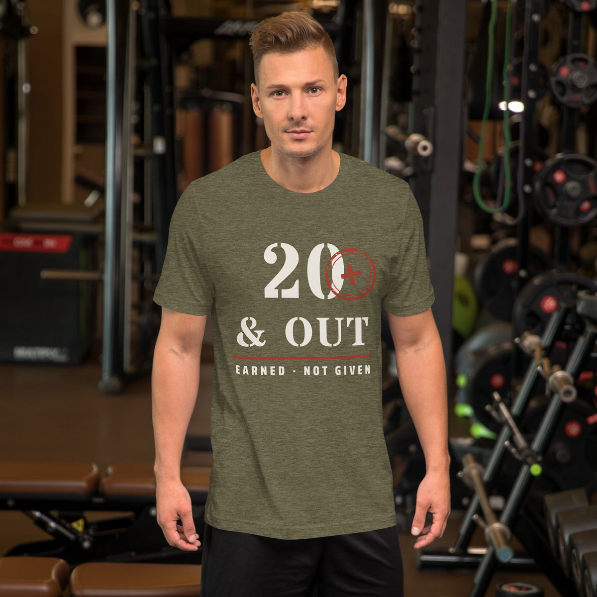 20 Plus & Out T-Shirt in Heather Olive, front, Twenty & Out