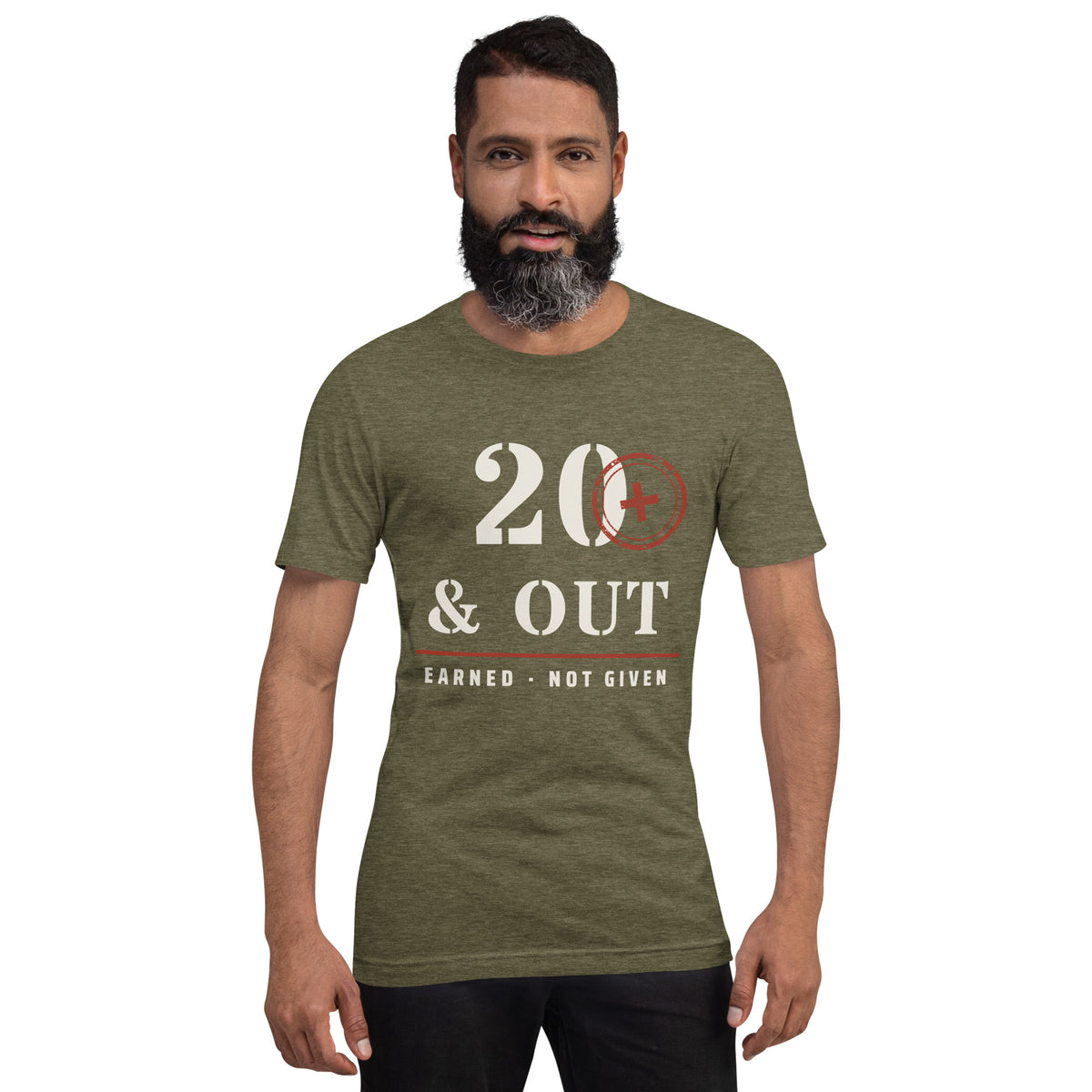 20 Plus & Out T-Shirt in Heather Olive, front, Twenty & Out
