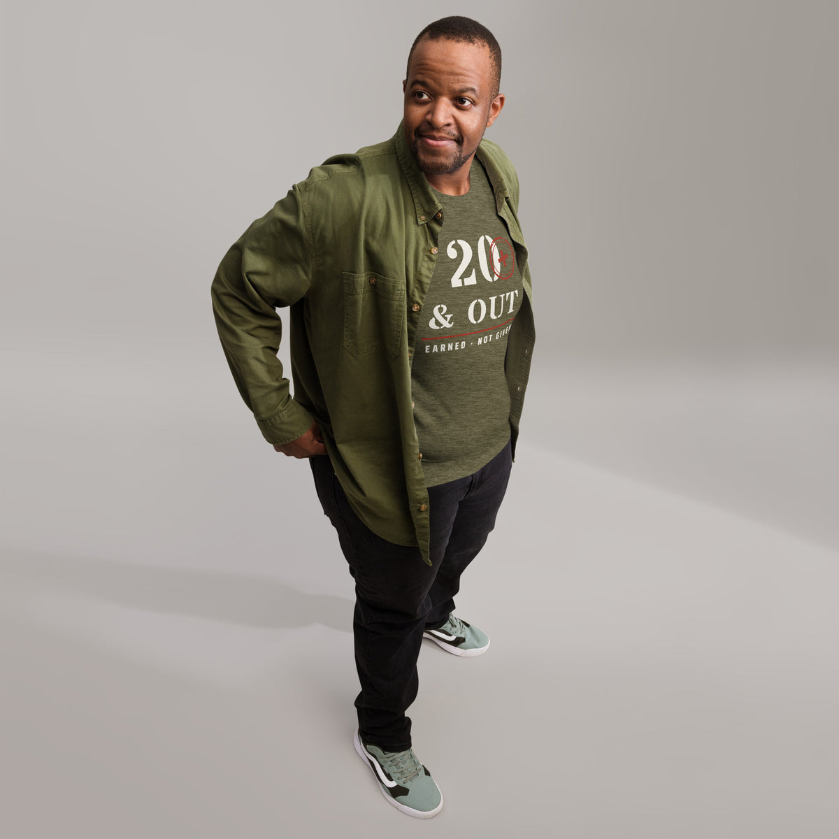 20 Plus & Out T-Shirt in Heather Olive, front, Twenty & Out