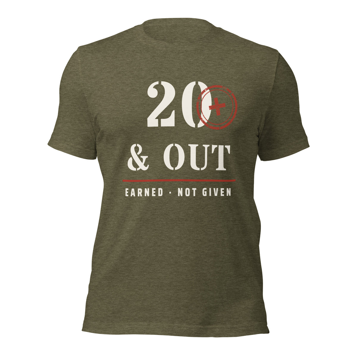20 Plus & Out T-Shirt in Heather Olive, front, Twenty & Out