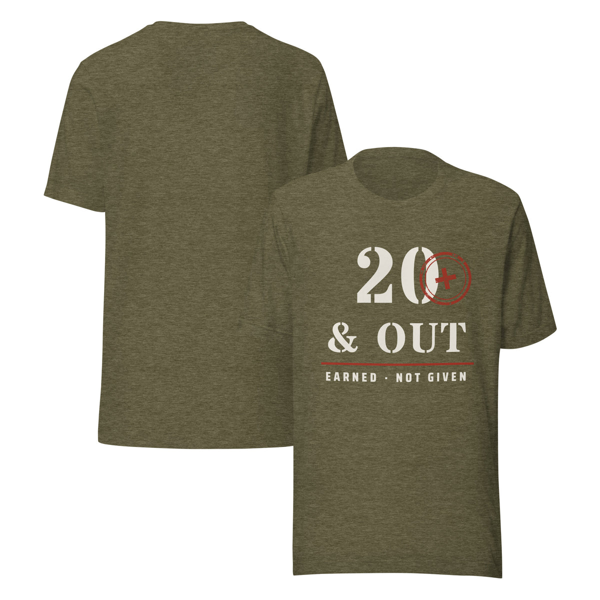20 Plus & Out T-Shirt in Heather Olive Front And, back, Twenty & Out