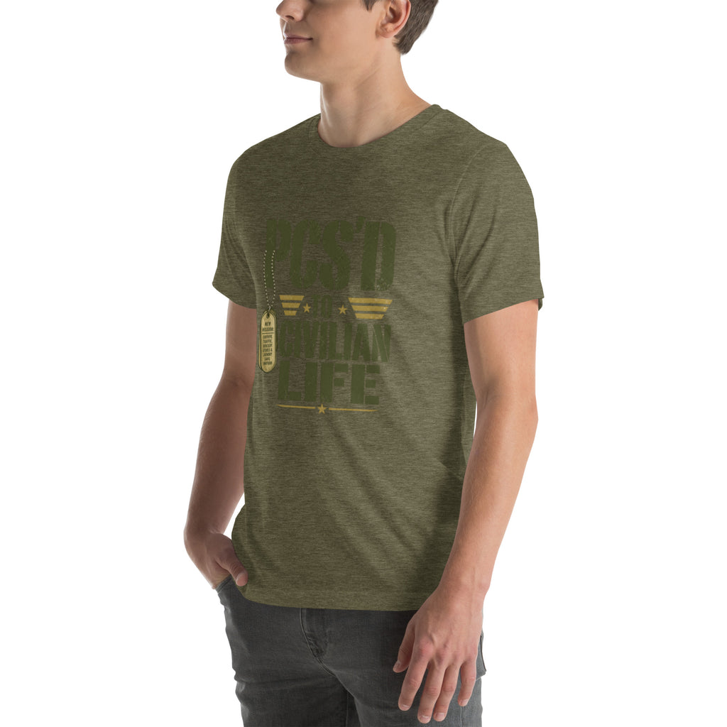 PCS'd to Civilian Life T-Shirt in Heather Olive, left front, Twenty & Out