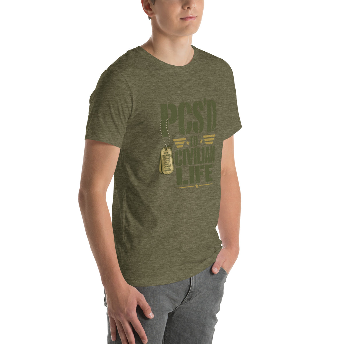 PCS'd to Civilian Life T-Shirt in Heather Olive, right front, Twenty & Out